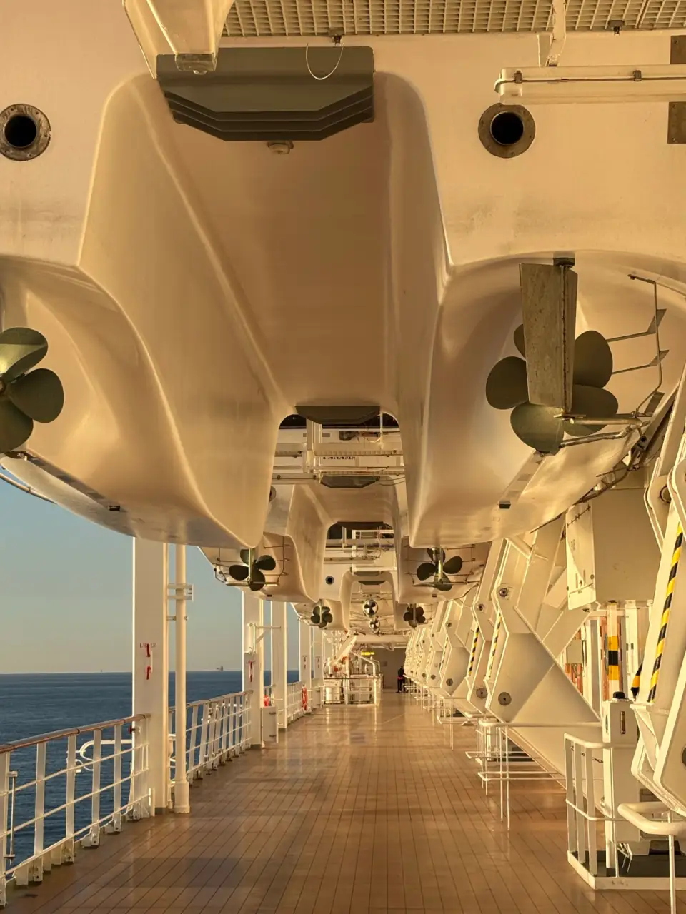 Quiet promenade deck beneath a row of lifeboats with the sea beyond the rail