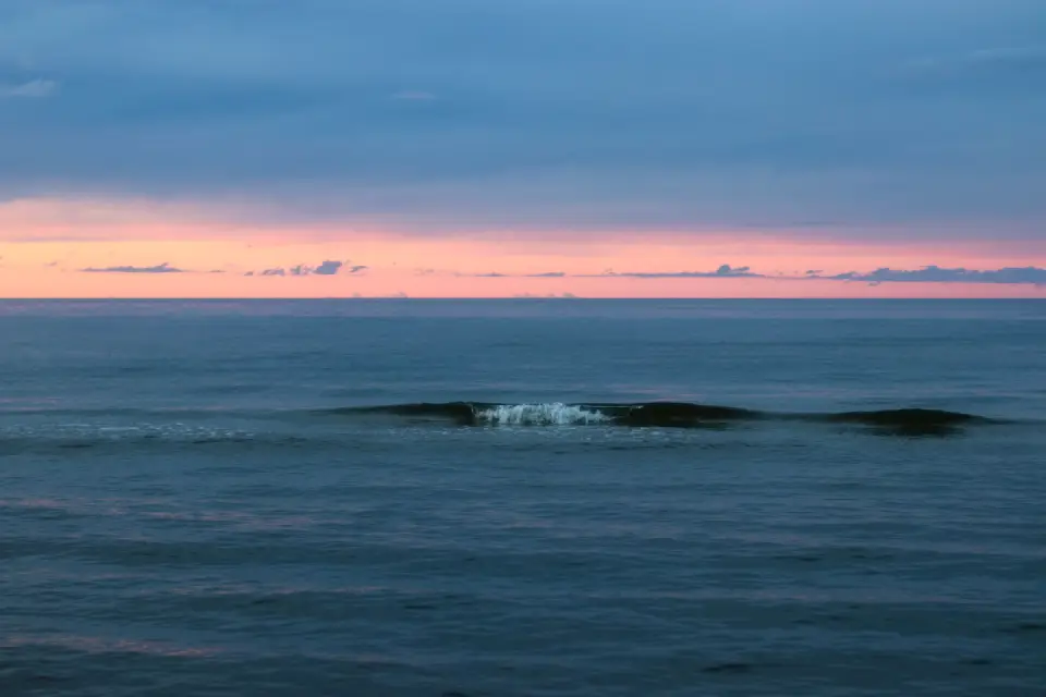 A soft pink sunset band over a calm blue ocean horizon