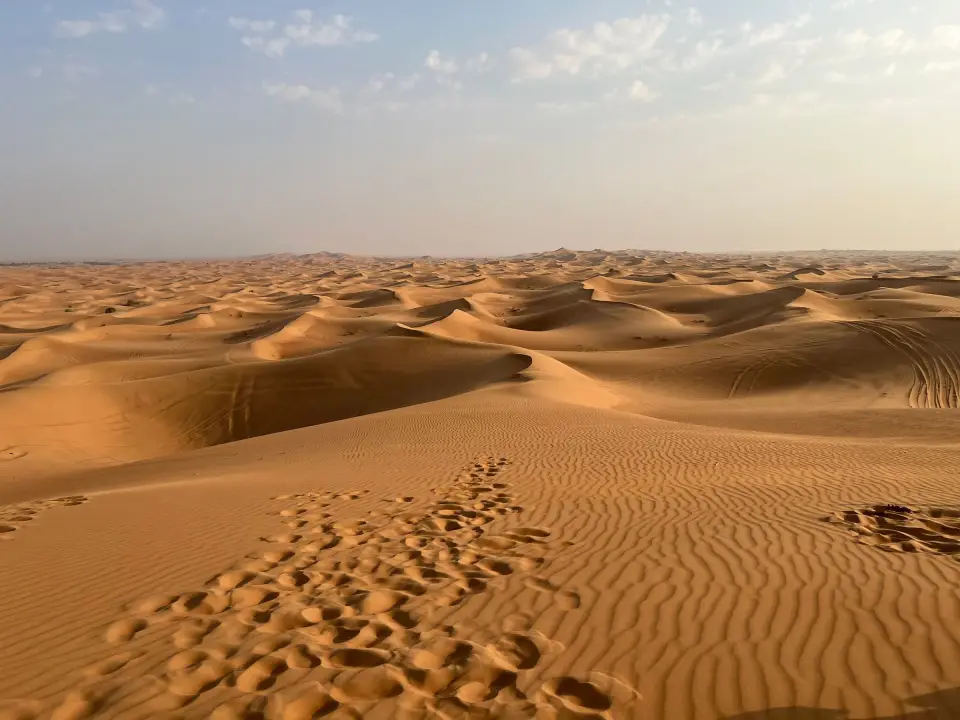 Wind-rippled dunes stretching to the horizon outside Dubai