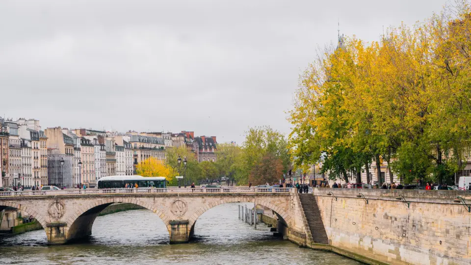 A stone bridge over the Seine lined with autumn trees, Paris