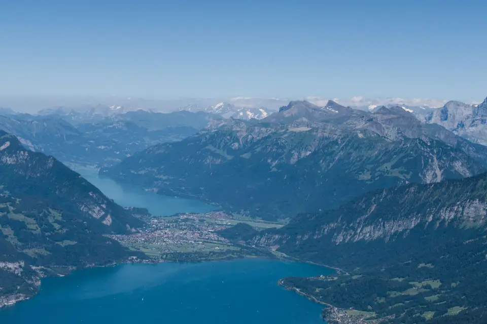 Lake Thun and Lake Brienz either side of Interlaken from above